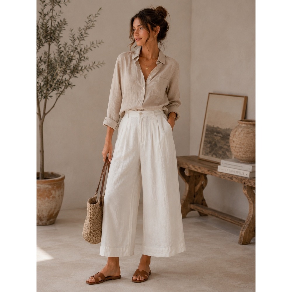 YFB Young Fabulous & Broke White Linen Wide Leg Pleated Pants Womens Medium